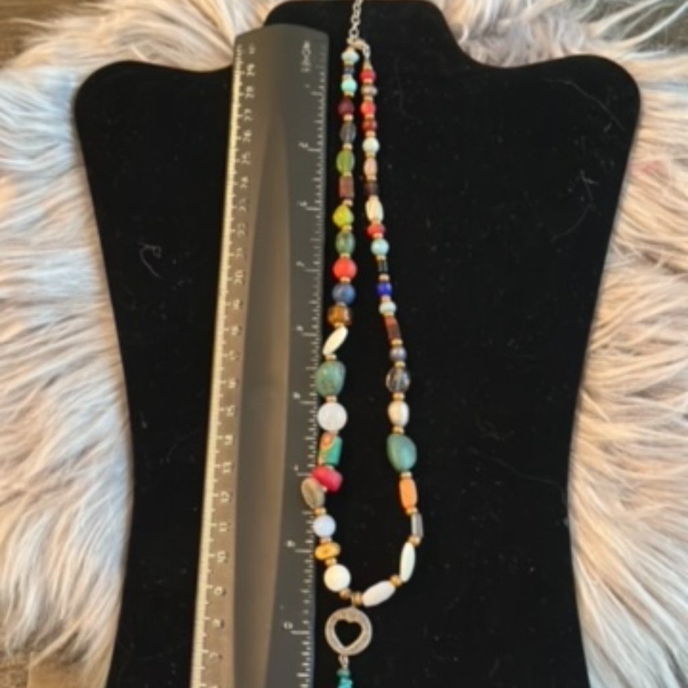 Vintage Peyote Bird Sterling, Multi-Gemstone & Glass Bead Necklace w/Open Heart - Picture 5 of 8